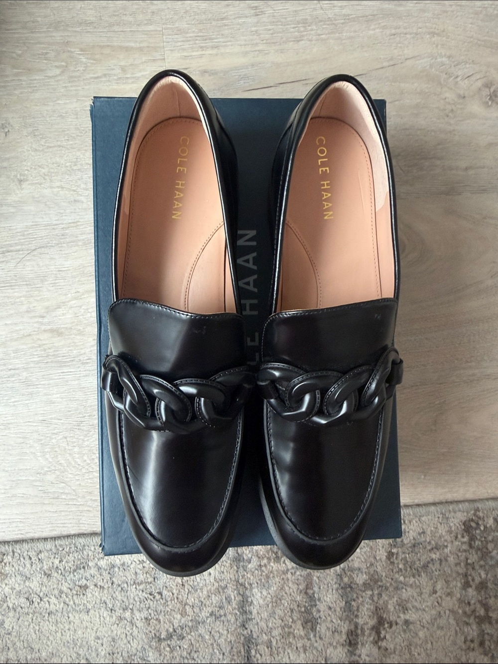 NEW IN BOX Cole Haan Black Leather Geneva Chain Loafers